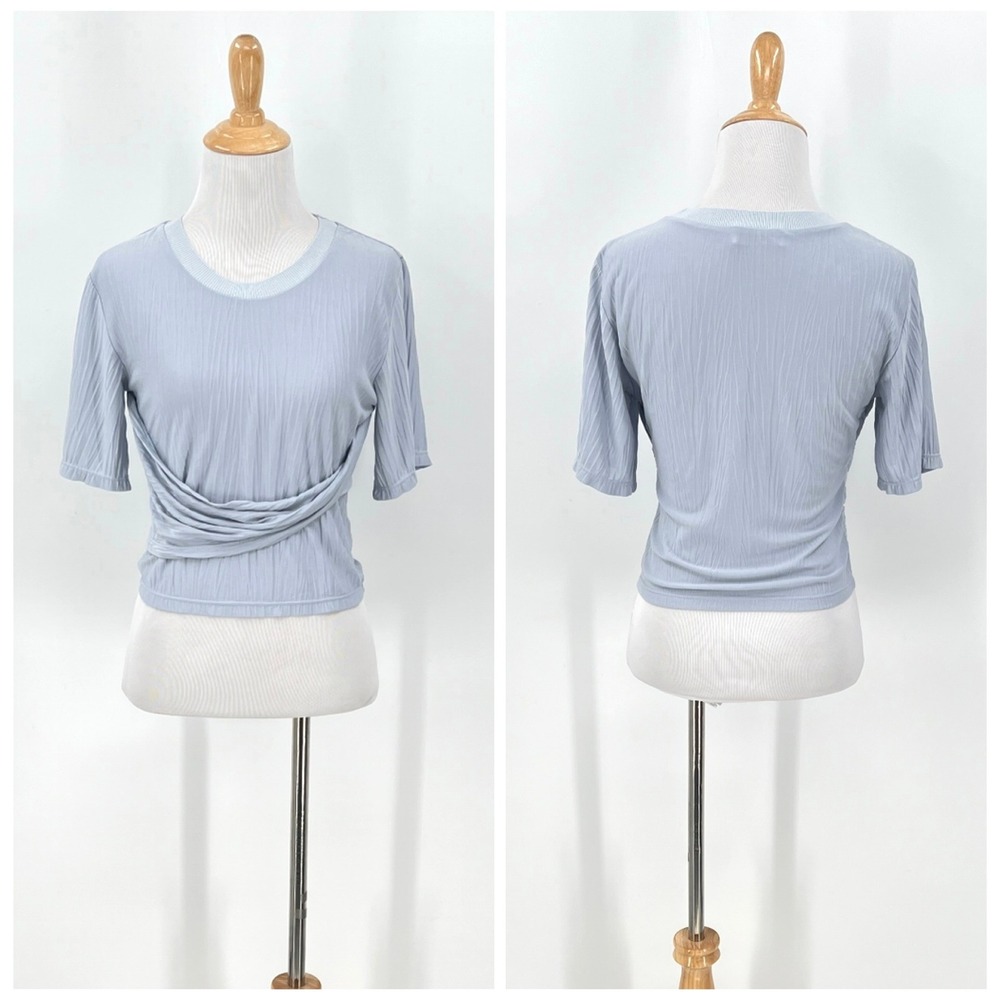 JONATHAN SIMKHAI Crinkle Crop Top Womens Small Blue Shirt Sleeve Draped Front